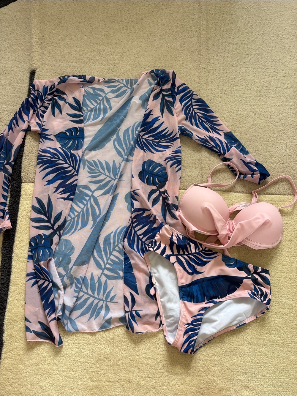Women’s Pink & Navy Tropical Bikini Set with Cover-Up